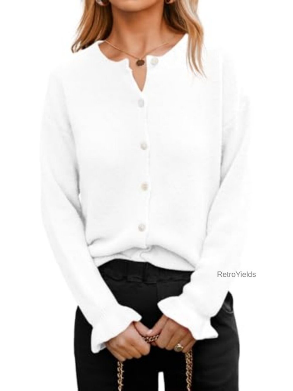 Womens Ruffle Sleeve Button Down Knit Cardigan Long Sleeve Open Front Sweater
